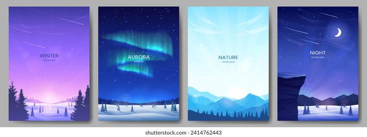 Collection of mountain landscapes. Hills and valleys in snowdrifts, aurora borealis, moon and starry sky, bright sunrise. Design for poster, background, banner, postcard, greeting card. Vector images.