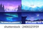 Collection of mountain landscapes. Mountains and forest, fir trees in snowdrifts, aurora borealis over the valley, night sky. Winter landscapes. Tourism, hiking, winter vacation. Vector illustration.