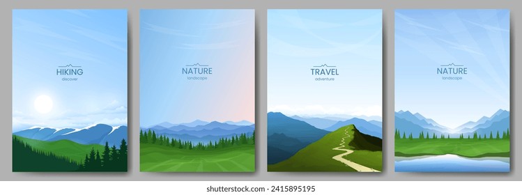 Colección de paisajes de montaña. Montañas y bosques, valle y río verdes, cielo azul, camino que conduce a la cima de la montaña. El concepto de turismo, senderismo, recreación activa. Imagen vectorial.