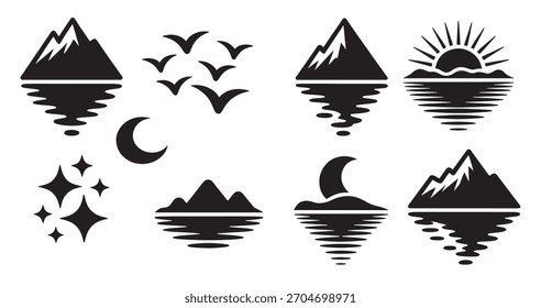 colección del sol de la luna de la montaña y siluetas de pájaro