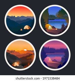 Collection of mountain and river camping landscapes in circle. Hiking overnight, sunset in forest, tent and fire. Editable vector illustration background