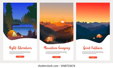Collection of mountain and river landscapes for banner, web site, social media. Editable vector illustration with summer camping, overnight near to bonfire in tent