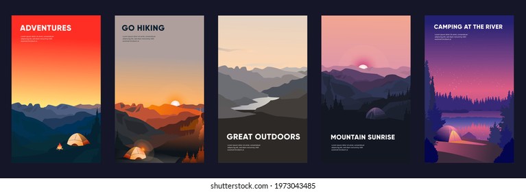 Collection of mountain and river landscapes for banner, web site, social media. Editable vector illustration with summer camping, overnight near to bonfire in tent
