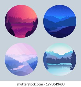 Collection of mountain and river landscapes for banner, web site, social media and avatars in circles. Editable vector illustration with night and morning beautiful scenery