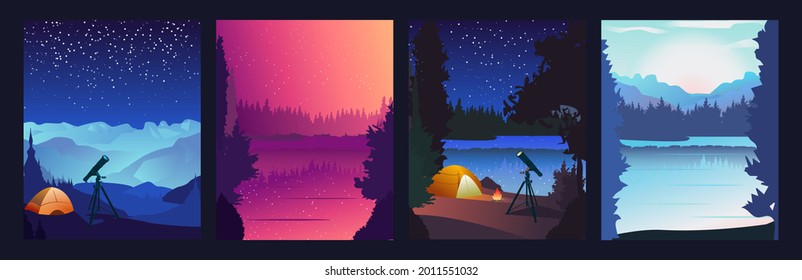 Kollektion von Berg- und Flusslandschaften Sommercampingplatz, Teleskop-Abfahrt, Übernachtung bei Feuer im Zelt, Sternsehen. Bearbeitbare Vektorgrafik für Banner, Webseiten, soziale Medien