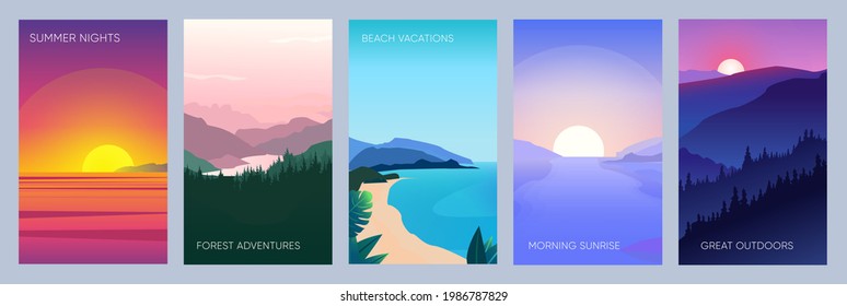 Collection of mountain, river and ocean beach landscapes for banner, web site, social media. Editable vector illustration with summer night and morning beautiful scenery