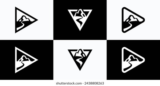 Colección de diseños de logotipos vectoriales de silueta de montaña y río con formas de triángulos geométricos en un estilo moderno, simple, limpio y abstracto.