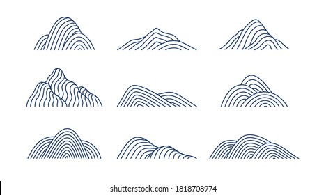 Collection of mountain shapes icons isolated on white background. Line art design. Vector flat illustration. 