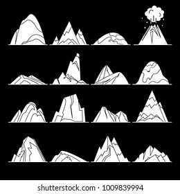 Collection of mountain silhouette icons in flat style. Different rock and hill symbols.