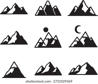 Colección de siluetas de montaña aisladas sobre fondo blanco, Vector