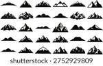 A collection of mountain silhouettes in a vector line art design concept, featuring various mountain ranges and peaks in a bundle of iconic illustrations.