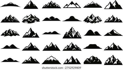 A collection of mountain silhouettes in a vector line art design concept, featuring various mountain ranges and peaks in a bundle of iconic illustrations.