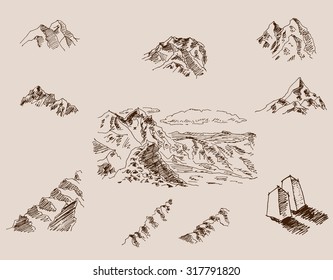 Collection of mountain sketch illustrations