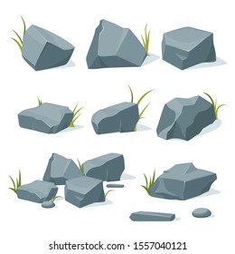 A collection of mountain stones of various shapes. Set of different boulders, cobblestones or mountain pebbles. Stones and rocks in a cartoon style.