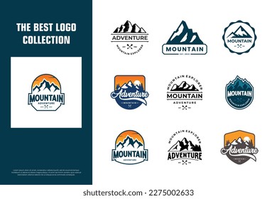 Collection of mountain travel emblems. Adventure badges logo design template.