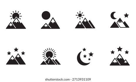 Colección de Vectores montañosos con sol, luna y estrellas, que capturan escenas nocturnas y paisajes diurnos para escalada en roca, aventuras al aire libre, viajes y turismo.