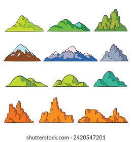 Colección de montañas al estilo de dibujos animados Picos de montaña vectoriales aislados en fondo blanco. paisaje rocoso