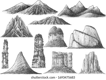 Collection of mountains illustration, drawing, engraving, ink, line art, vector