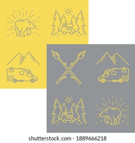 Collection of mounting activity icons isolated on a contrasting background. Yellow and gray   forest voyage, bear, and expedition vector outline icons set 