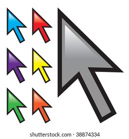 A collection of mouse arrow cursors isolated over white with multiple color options.