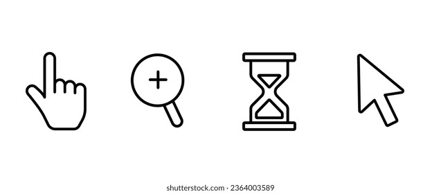 Collection of mouse pointer pictogram, hand, hourglass and search, on white background. Finger web click pointer line and silhouette icon. Set of black computer cursor. Isolated vector illustration.
