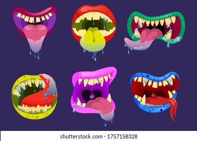 Collection of mouths of monsters. Funny jaws and crazy face laugh maws of happy bizarre creatures expression zombie or alien character cartoon vector icon set