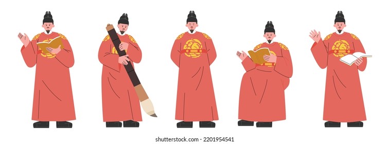 Una colección de movimientos del Rey Sejong sosteniendo un libro o un pincel. ilustración vectorial de estilo de diseño plano.