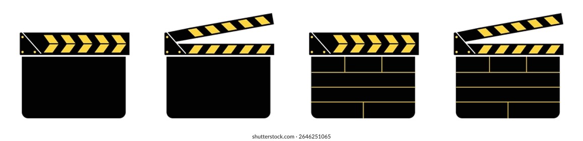 Collection of movie clapper board icons in different styles and positions. Ideal for film, cinema, video editing, media production, and director related graphic elements and UI. Icons, vector.