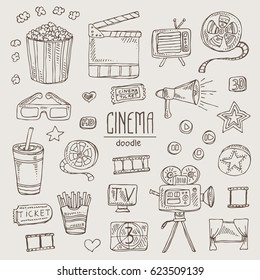 Collection with movie slap, popcorn, ticket, video camera, glasses. Hand drawn doodles illustration.