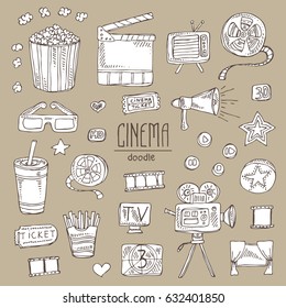 Collection of movie slap, popcorn, ticket, video camera, glasses. Hand drawn doodles illustration