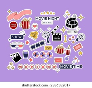 Colección de pegatinas de películas al estilo retro de moda. Artículos de cine, objetos, palomitas de maíz, mascota, película en la ilustración de los años 2000. Vector