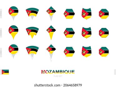 Collection of the Mozambique flag in different shapes and with three different effects. Vector flag set.