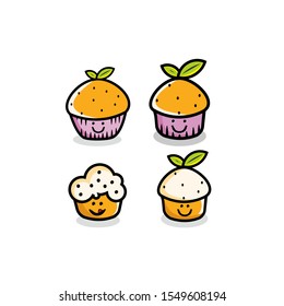 Collection of muffin cake with funny character vector illustration
