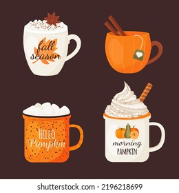 Collection of mugs fall season. Tasty pumpkin spice cappicino with cream. Coffee with marshmallows and cinnamon. Spiced tea with cinnamon sticks. Vector illustration of warming drinks in cups