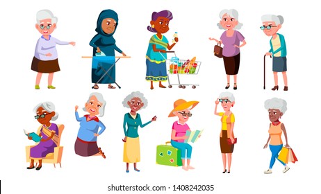 Collection Of Mulicultural Old Granny Set Vector. Happy Smiling Woman Granny Reading Book, Dancing And Jumping, Travelling And Walking, Ironing Clothes And Shopping. Flat Cartoon Illustration