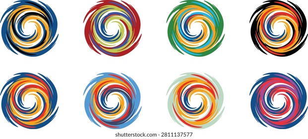 Collection of multi colored abstract circular swirl icons with collection abstract colorful circular elements creative isolated background selection illustration paintstroke backdrop