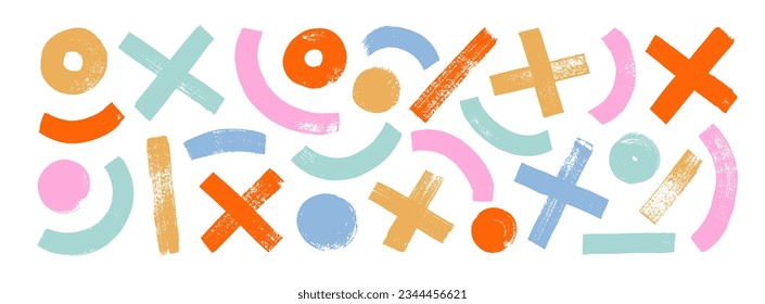 Collection multi colored bold brush drawn geometric shapes like circles or dots, crosses and arches. Hand drawn isolated arches, x and dots with rough edges. Vector colorful grunge geometric shapes.