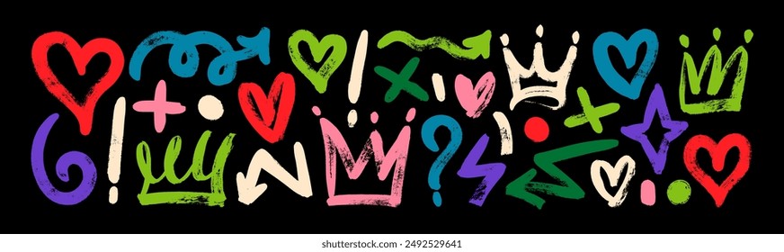 Collection of multi colored brush drawn symbols: hearts, crowns, arrows, crosses, swirls and dots with dry brush texture. Exclamation and question marks. Bold graffiti style colorful vector shapes.