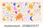 Collection of multi colored crayon drawn stars, moon, hearts and crowns. Hand drawn vector kid