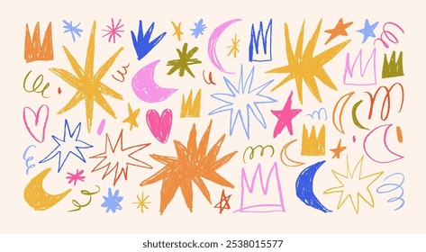 Coleção de estrelas desenhadas de giz de cera multicolorido, lua, corações e coroas. Desenho a lápis de criança desenhado à mão. Estrelas de rabiscar infantis formas, rabiscos e rabiscos. Desenho a carvão ou giz vetorial