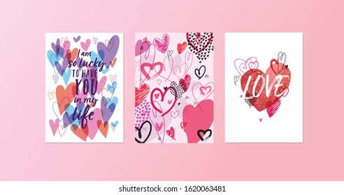 Collection of multi colored Valentine's day card, sale and other flyer templates with lettering. Typography poster, card, label, banner design set. Vector illustration
