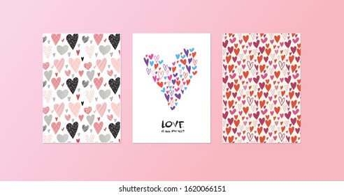 Collection of multi colored Valentine's day card, sale and other flyer templates with lettering. Typography poster, card, banner design set. Vector illustration EPS10