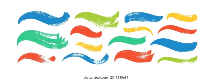 Collection multi colored wavy bold brush strokes. Vector calligraphy smears, hand drawn curved thick lines and banners. Modern grunge wavy brushstrokes. Colorful textured shapes isolated on white.