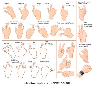 Collection of multi touch gestures for tablets, smart phones and smart watches. Vector illustration.