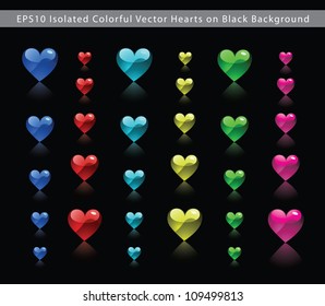 Collection of multicolor glass EPS10 vector heart icons for graphics or web