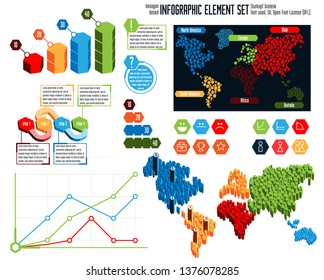 a collection of multi-color infographic elements, including a stylized world map and icons, based on hexagons