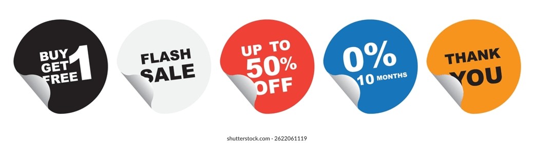 Collection of multicolor round sticker label include  up to 50 percent  off Black Friday sale  for marketing discount special off to customer in end year sale , midnight sale concept.