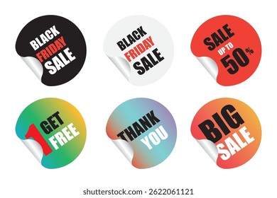 Collection of multicolor round sticker label include  up to 50 percent  off Black Friday sale  for marketing discount special off to customer in end year sale , midnight sale concept.