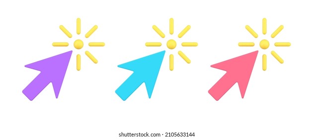 Collection multicolored arrow cursor click mouse link isometric 3d icon vector illustration. Set cyberspace click pointer label page scrolling control website internet communication