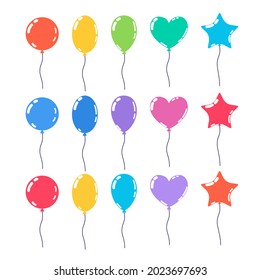Colección de globos multicolores de diferentes formas. Ilustración vectorial plana